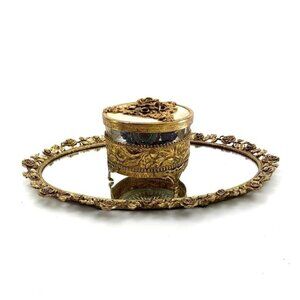 Jewlery Trinket Box Brass & Glass Old Vintage Victorian Style Gift